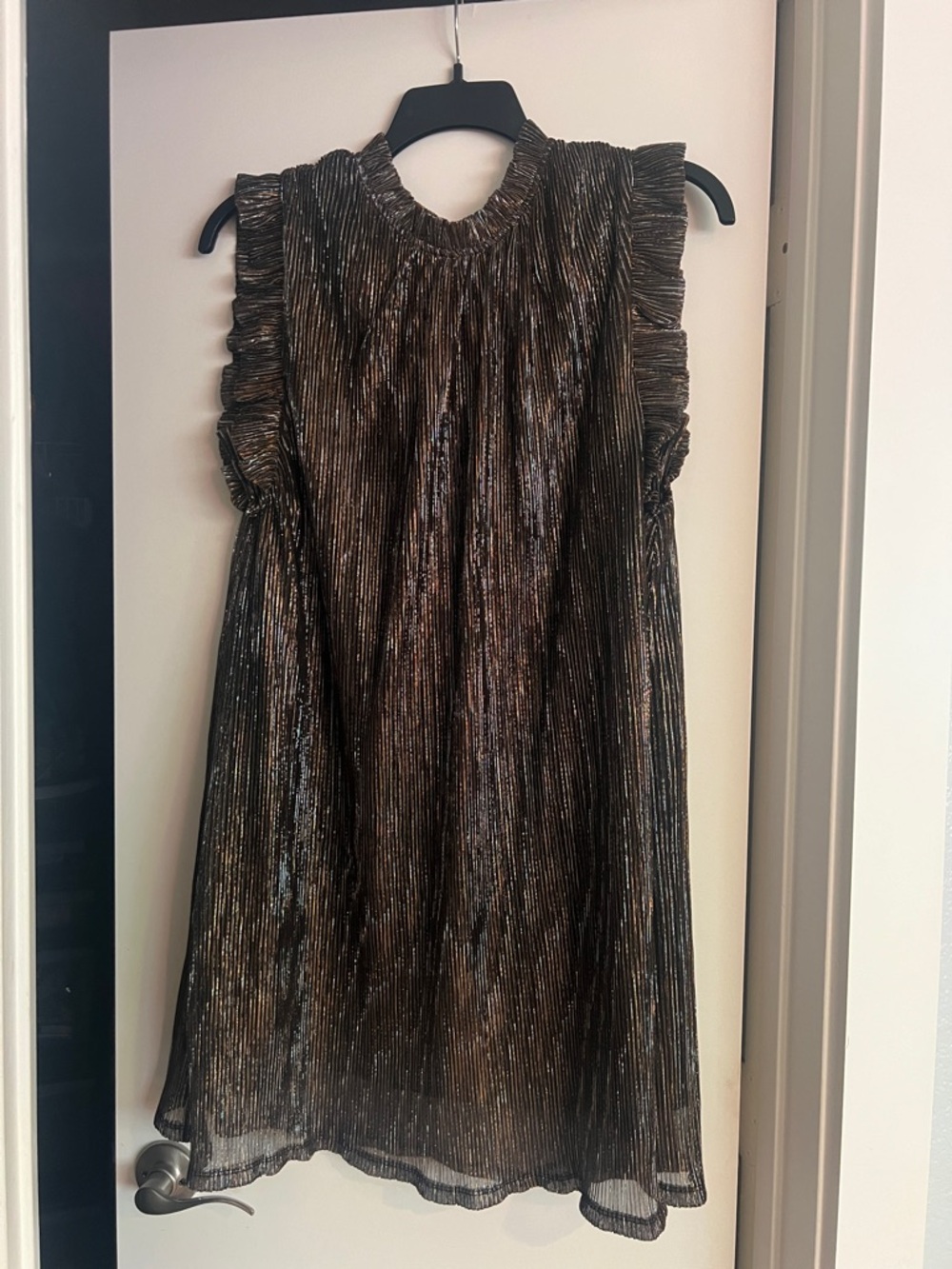THML Girls Black and Gold Metallic Ruffle Sleeve Dress
